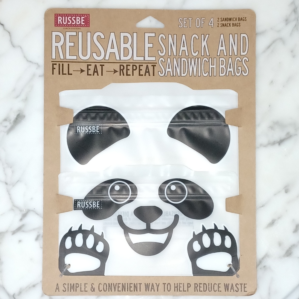 Panda bear Russbe Reuseable Plastic Bag set of 4 bags (2 sandwich + 2 snack) new